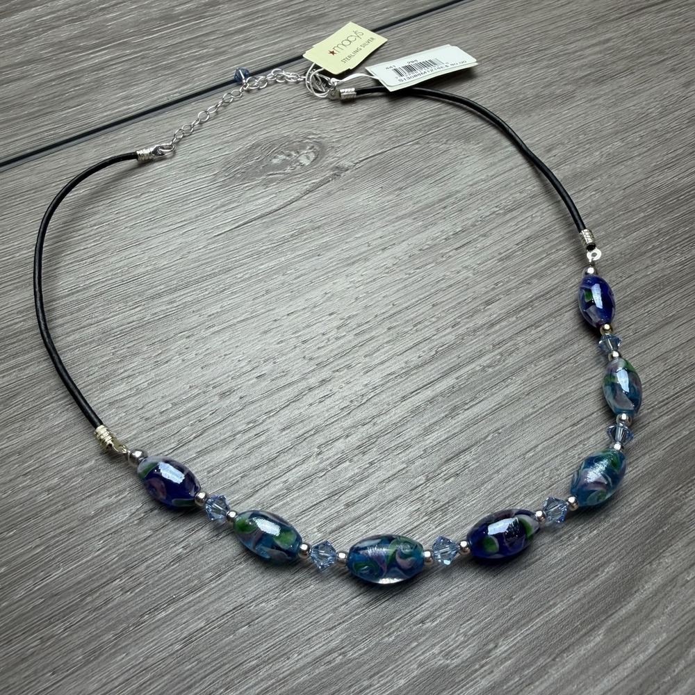 Macy's Sterling Silver Blue Green Glass Bead Black Cord Choker Necklace New